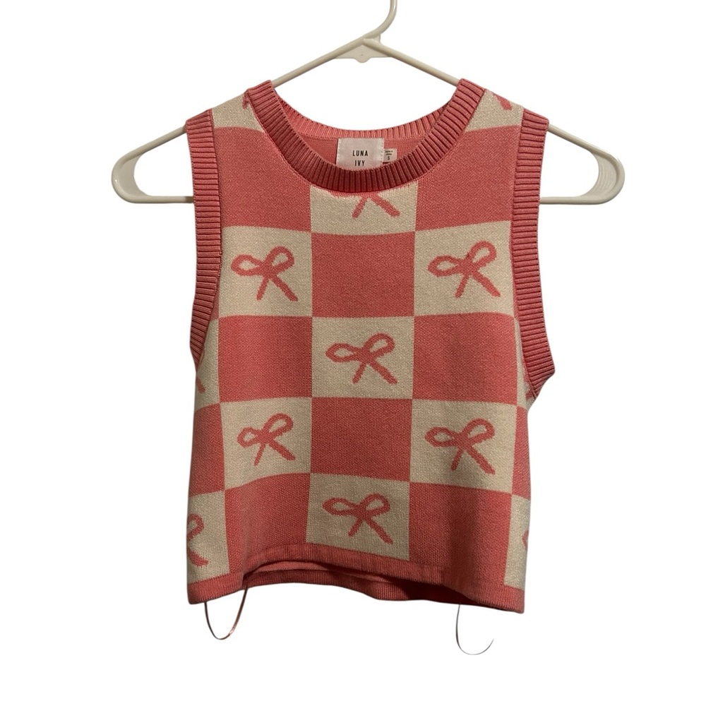 Luna Ivy Coquette Bows Pink and Cream Knit Crop Top